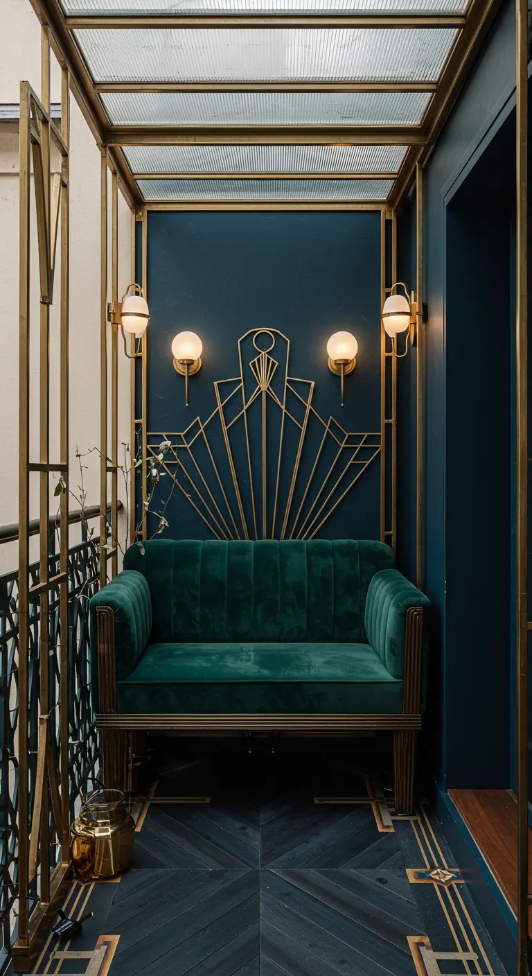 Art Deco-geïnspireerd balkon met gouden metalen pergola, smaragdgroene fluwelen bank en donkerblauwe achterwand.