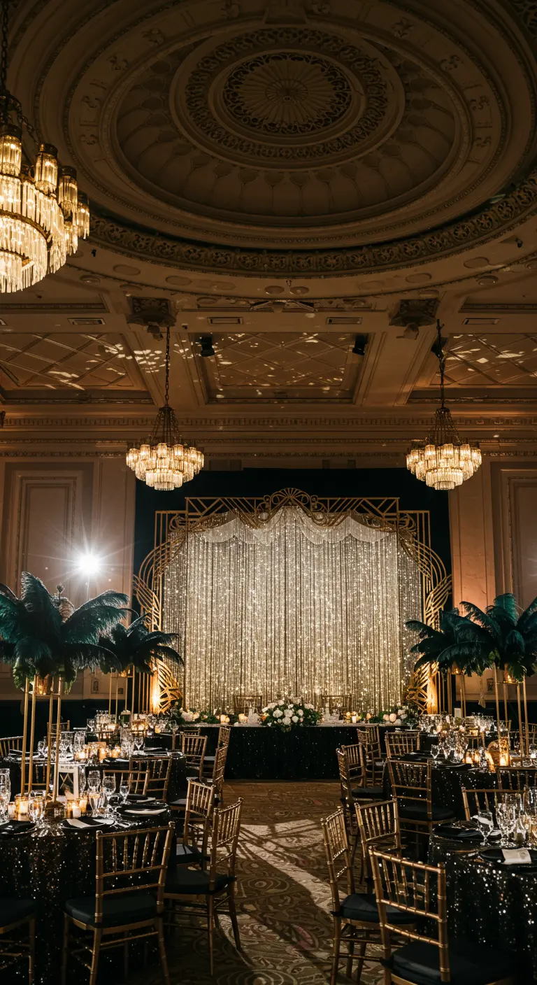Art Deco bruiloftsdecor met groot gouden frame en een waterval van lichtjes erachter.