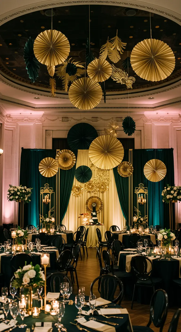 Art Deco feestdecoratie met gouden en smaragdgroene papieren waaiers en vormen.