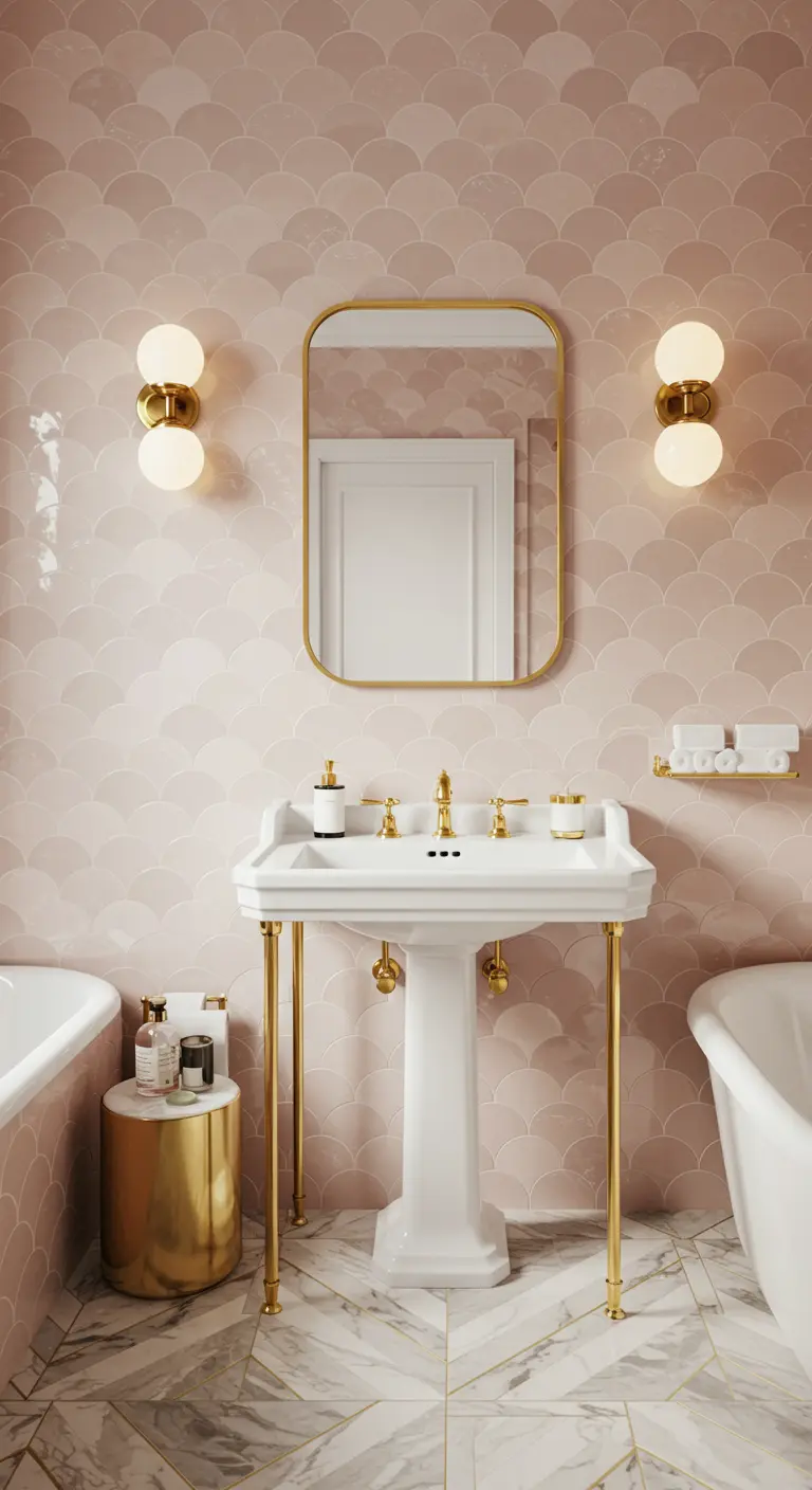 Roze badkamer met art deco tegels en gouden accenten