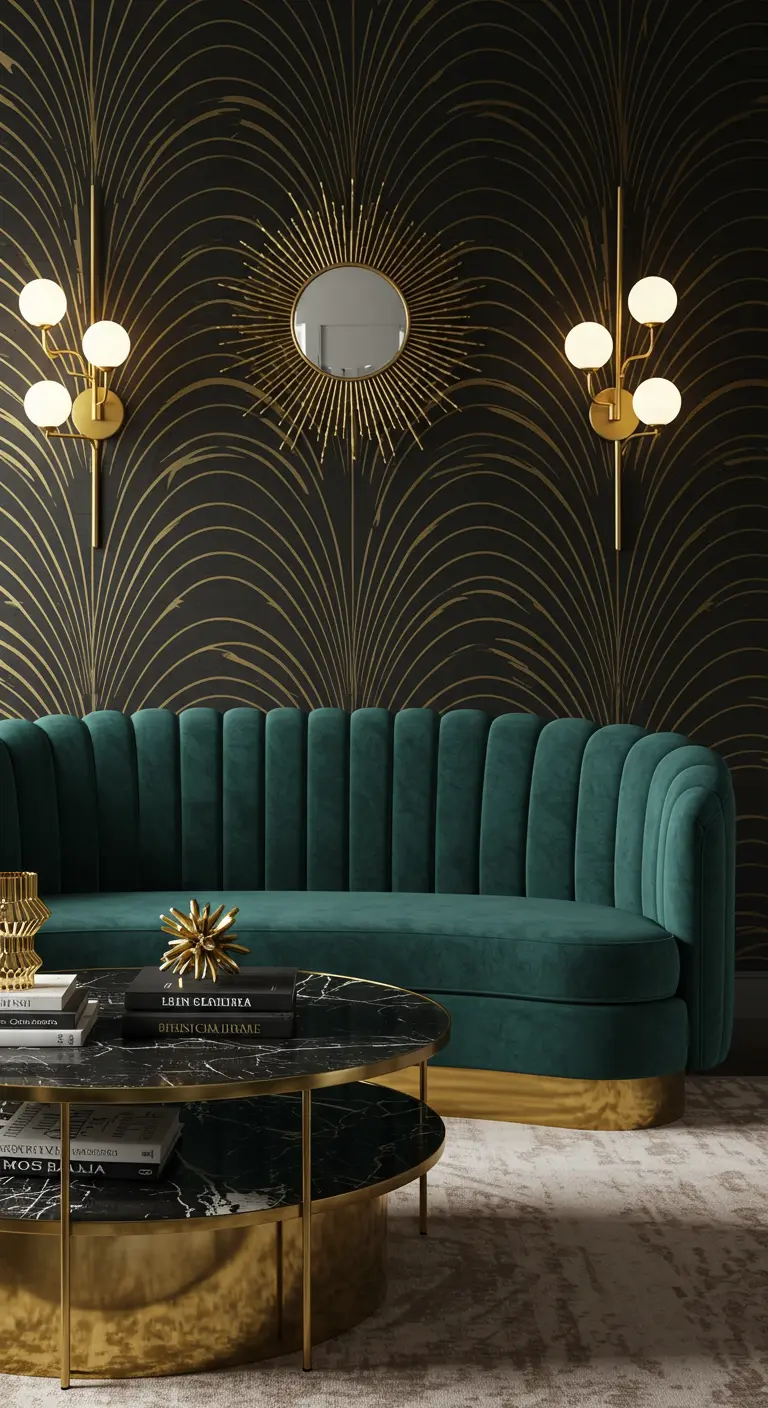 Art Deco woonkamer met een groene fluwelen gebogen bank en gouden accenten.