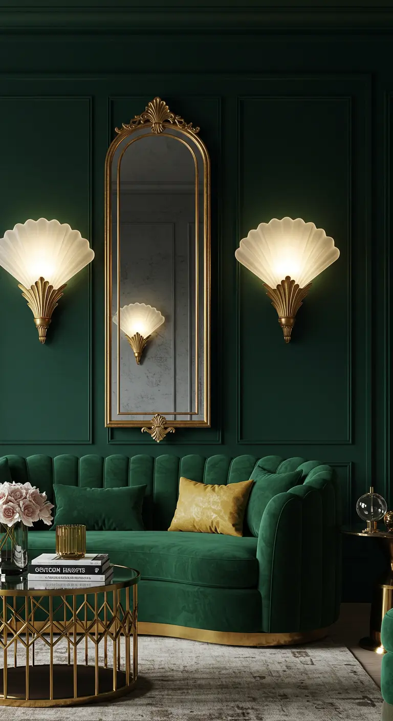 Donkergroene muur met gouden spiegel en twee Art Deco schelpvormige wandlampen.