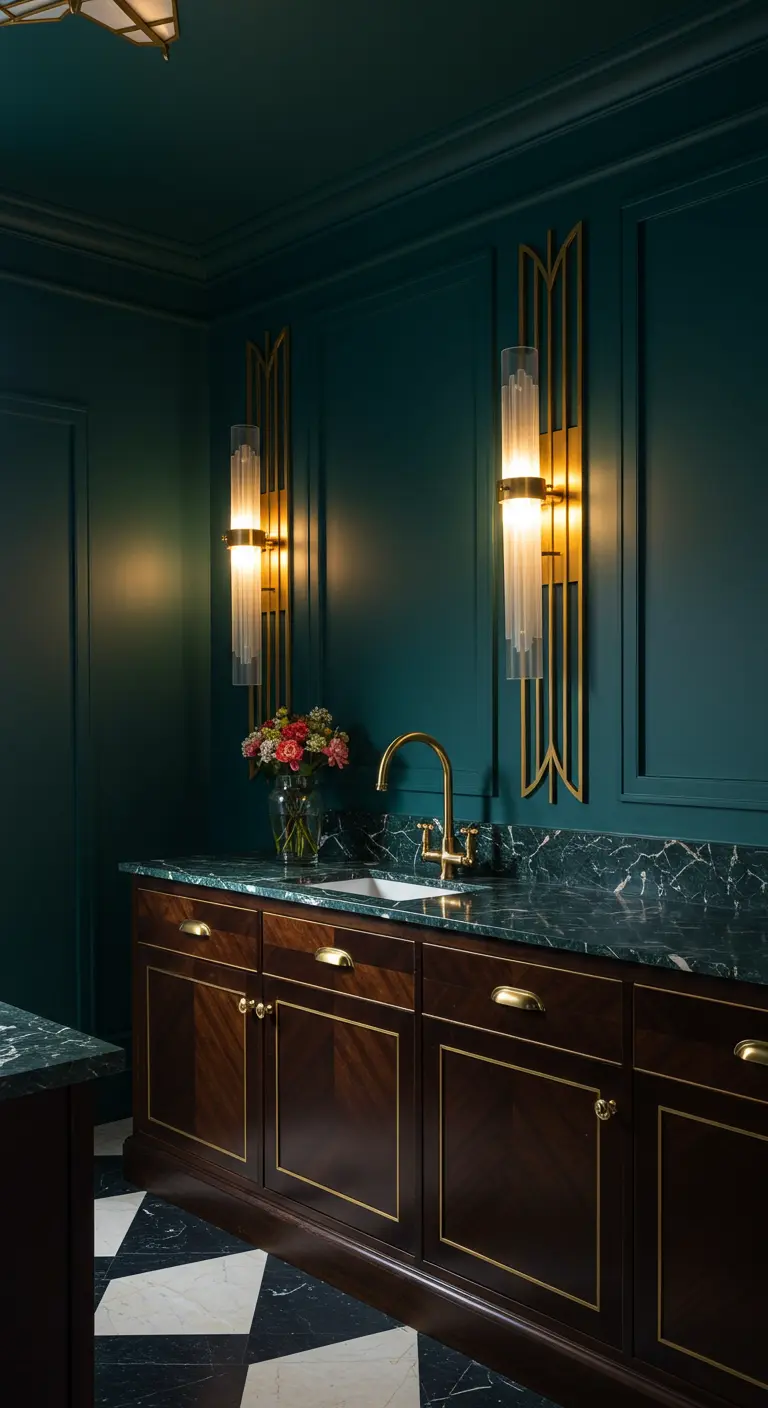 Donkergroene keuken met elegante art-deco wandlampen met goudkleurige details.