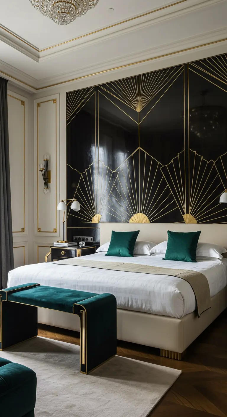 Zwarte houten lattenwand met gouden Art Deco patroon en fluwelen accenten.