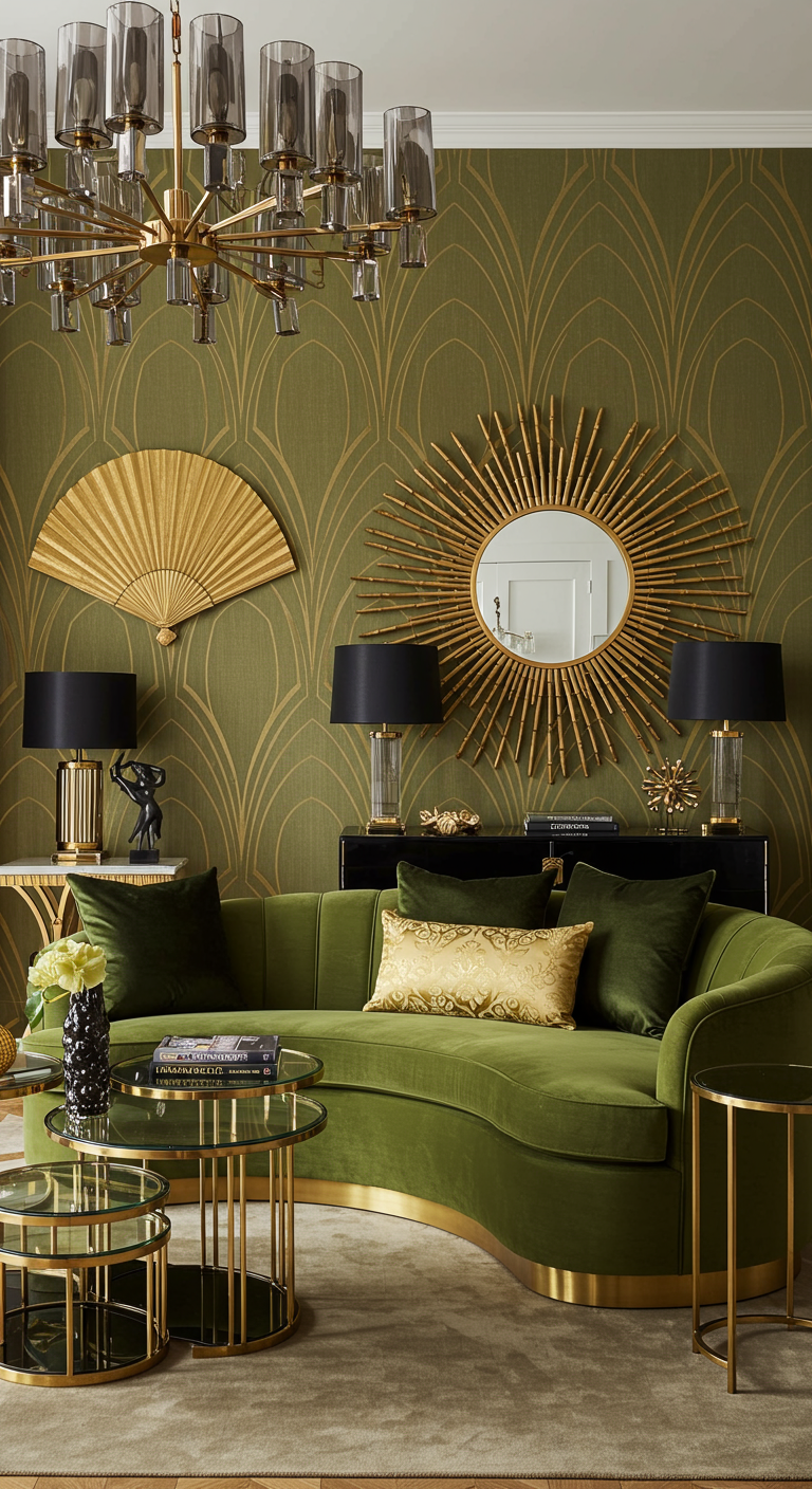 Art Deco woonkamer met olijfgroene fluwelen bank, goud behang en spiegels.