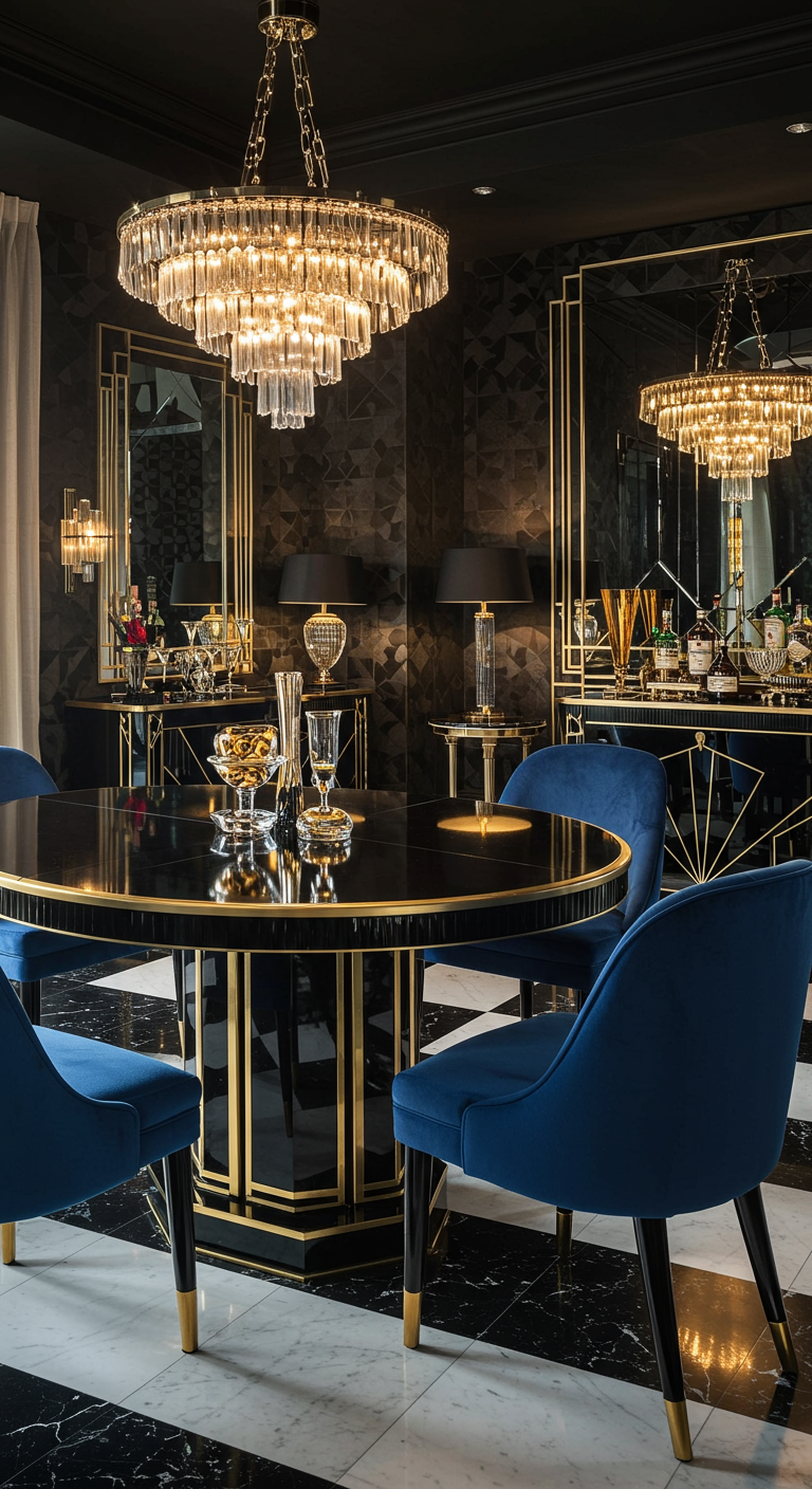 Art Deco eetruimte met ronde zwarte tafel, gouden details en blauwe fluwelen stoelen.