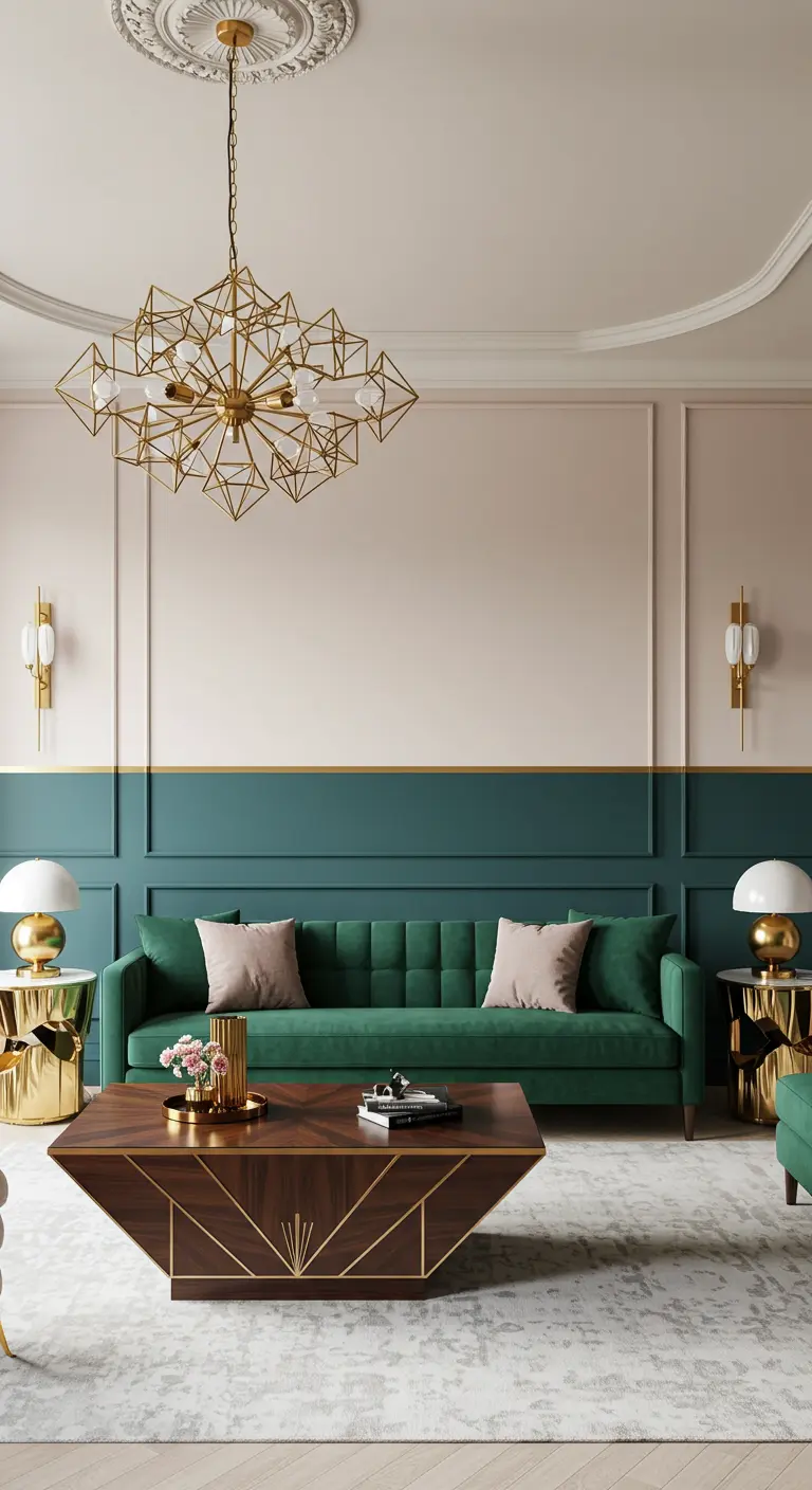 Elegante woonkamer met smaragdgroene ondermuur, roze bovenmuur en gouden details.
