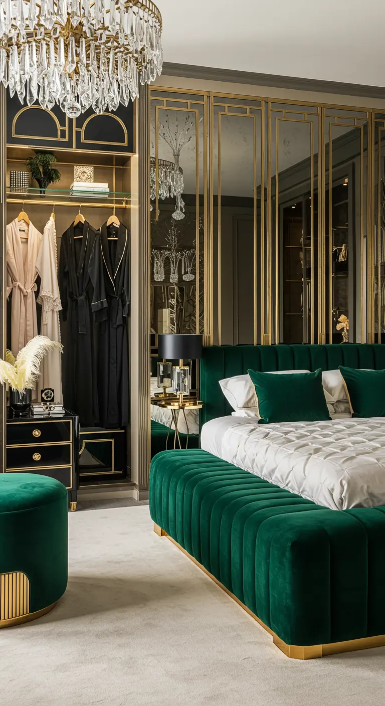Luxe Art Deco slaapkamer met open kast met gouden details, smaragdgroen bed en spiegelwand.
