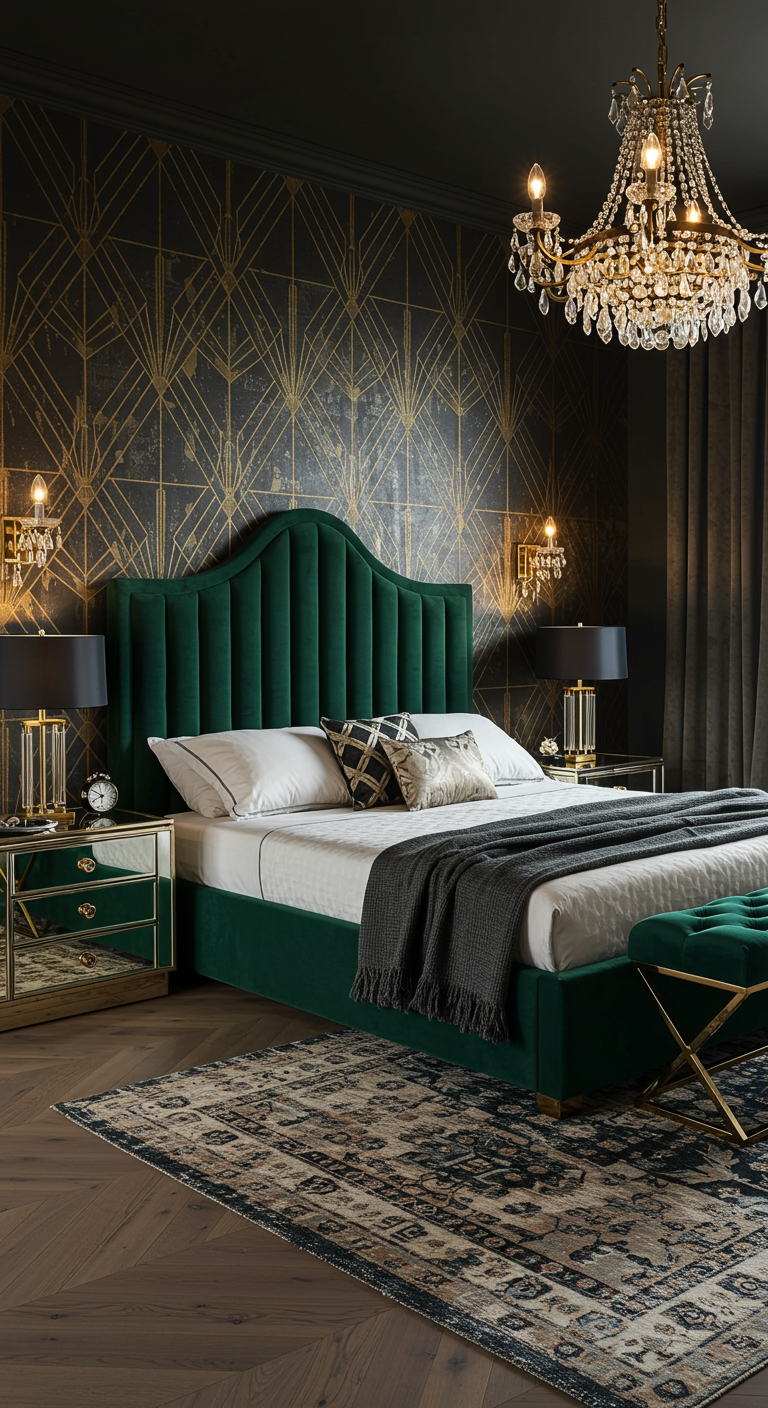 Luxe Art Deco slaapkamer met smaragdgroen fluwelen bed, gouden accenten en patroonbehang.