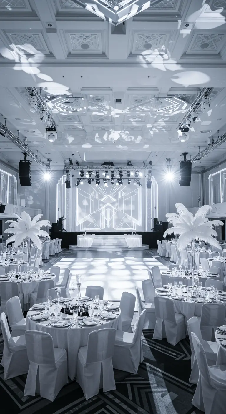 Grote balzaal in Art Deco stijl, wit thema, met uplighting en patroonprojecties.