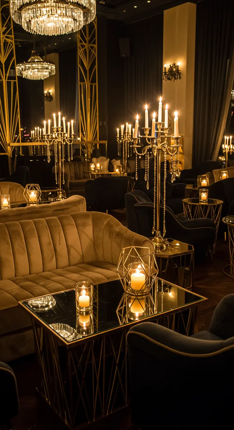 Chique Art Deco lounge met fluwelen banken en kaarsen.