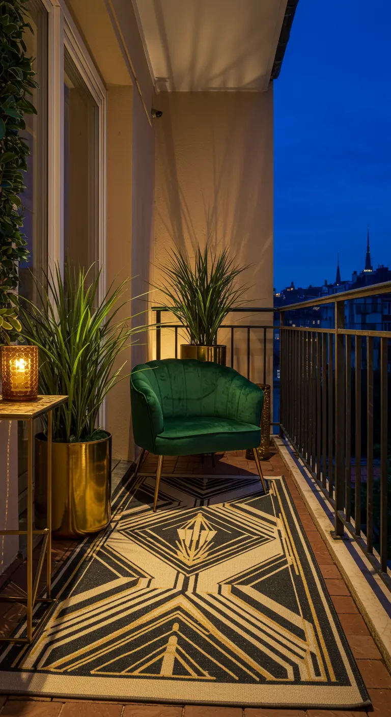 Luxe balkon met Art Deco buitenkleed en groene fluwelen stoel.