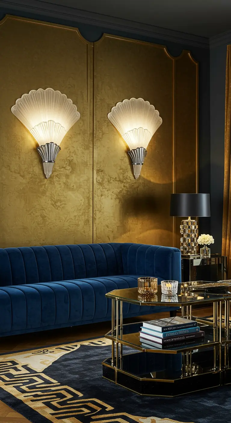 Art Deco woonkamer met blauwe fluwelen bank en twee grote, waaiervormige glazen wandlampen.