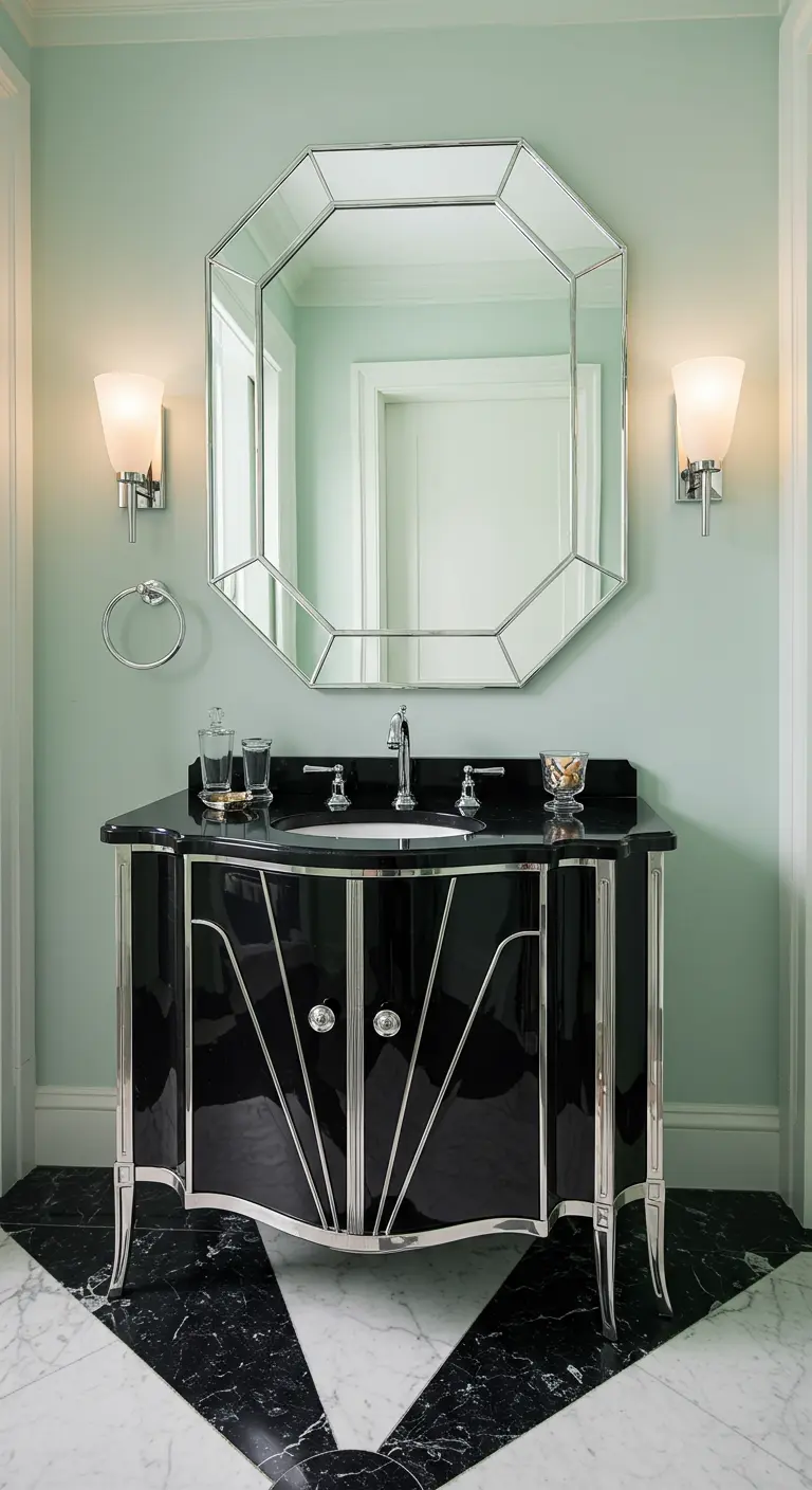 Zwart art-deco badkamermeubel met zilveren details en achthoekige spiegel.