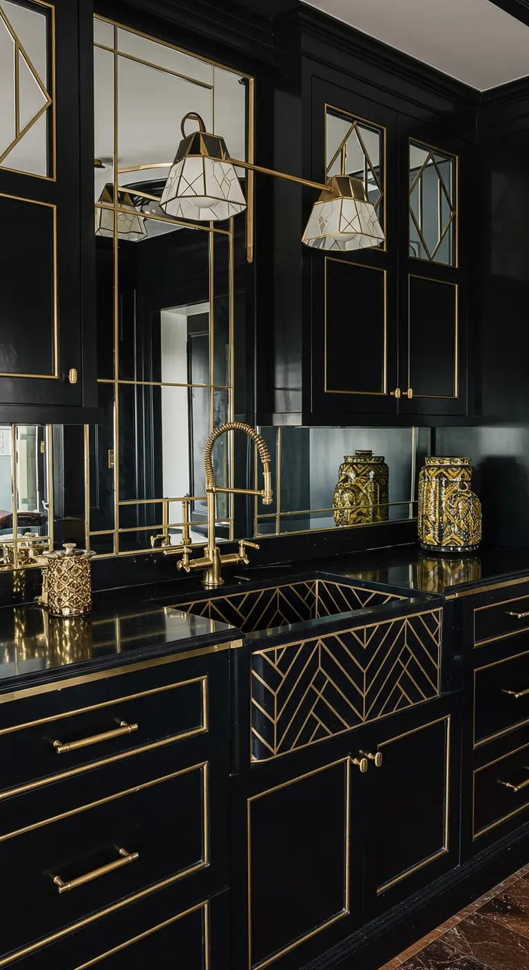 Art Deco keuken met zwarte spoelbak met gouden patroon, zwarte kasten en gouden details.