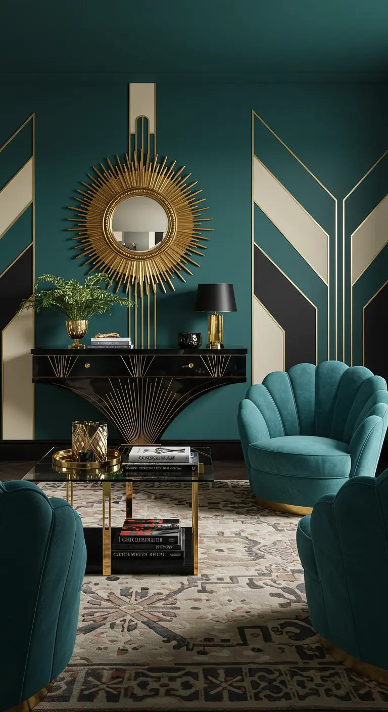 Art Deco woonkamer met pauwblauwe muur, gouden zonnespiegel en geometrische accenten.