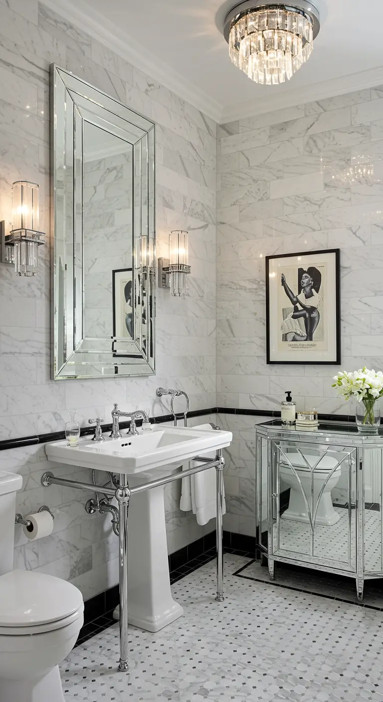 Art Deco badkamer met veel spiegels, chroom en marmer.