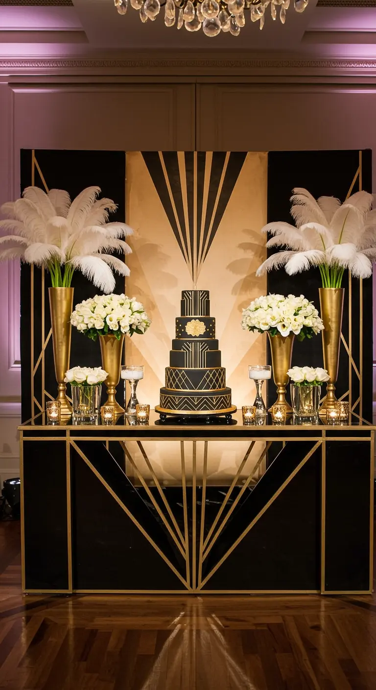Art Deco taarttafel in zwart en goud met veren, witte rozen en geometrische patronen.