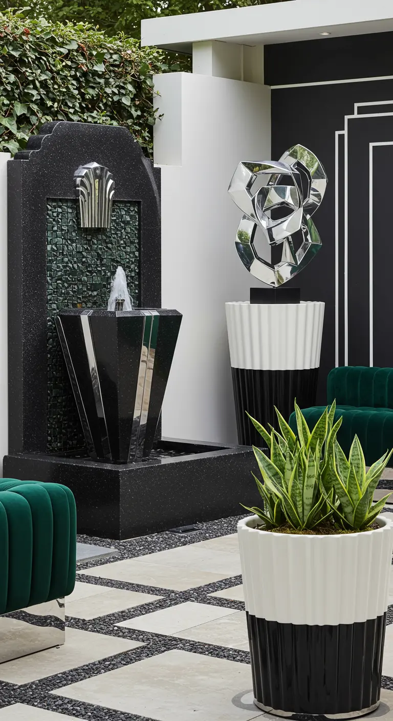 Chic Art Deco buitenruimte met zwart-wit fontein, metalen sculptuur en geribbelde potten.