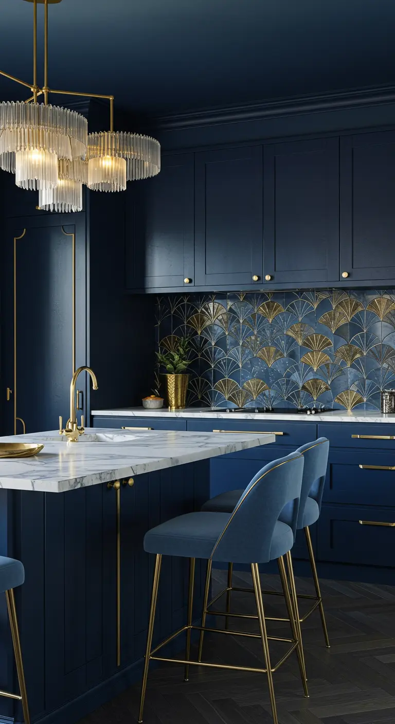 Luxe nachtblauwe keuken met een gouden art deco tegelwand, marmeren blad en een grote kroonluchter.