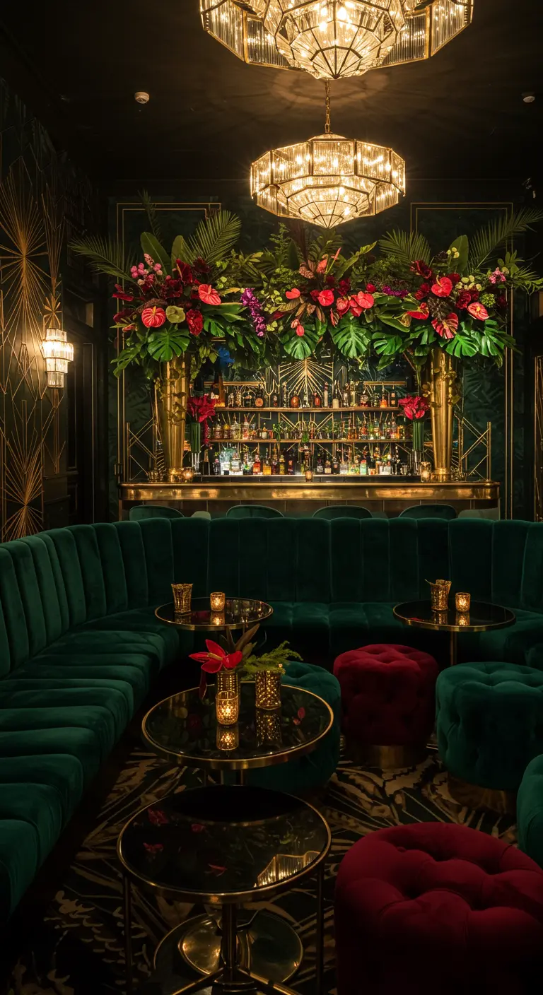 Chique bar met donkergroene fluwelen banken, gouden accenten en grote tropische bloemstukken.