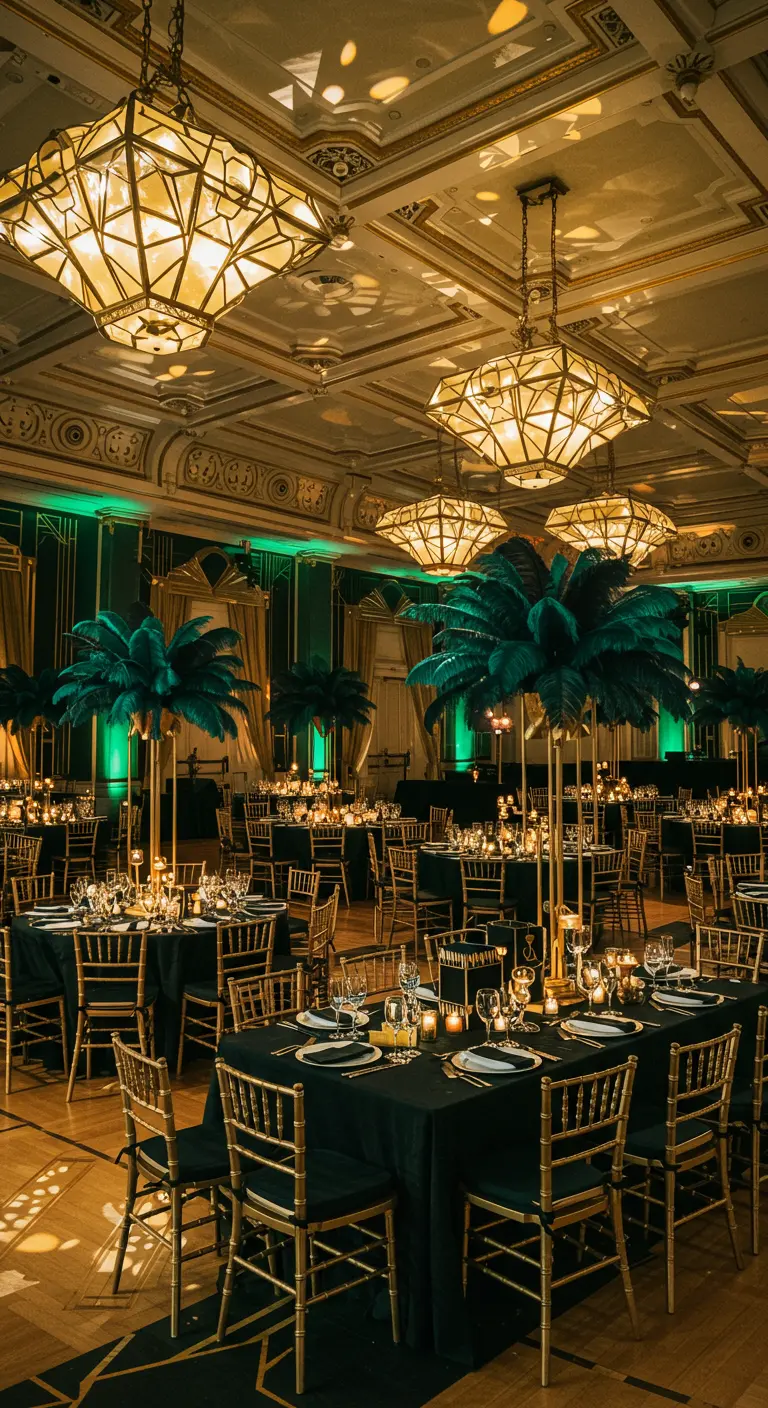 Balzaal met zwarte en gouden decoraties, hoge palmboom centerpieces en groene verlichting.