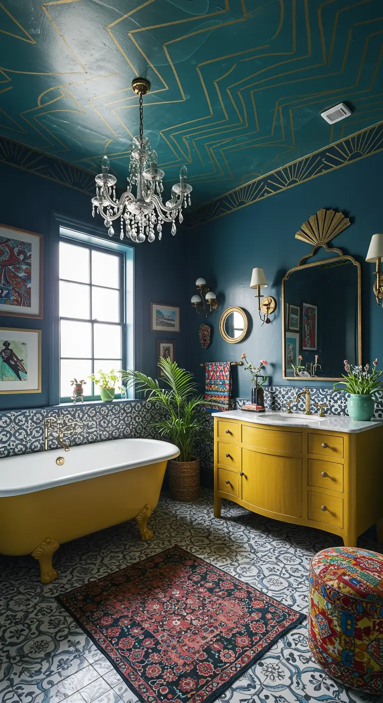 Badkamer met petrolblauw plafond met gouden geometrisch patroon, gele wastafel.
