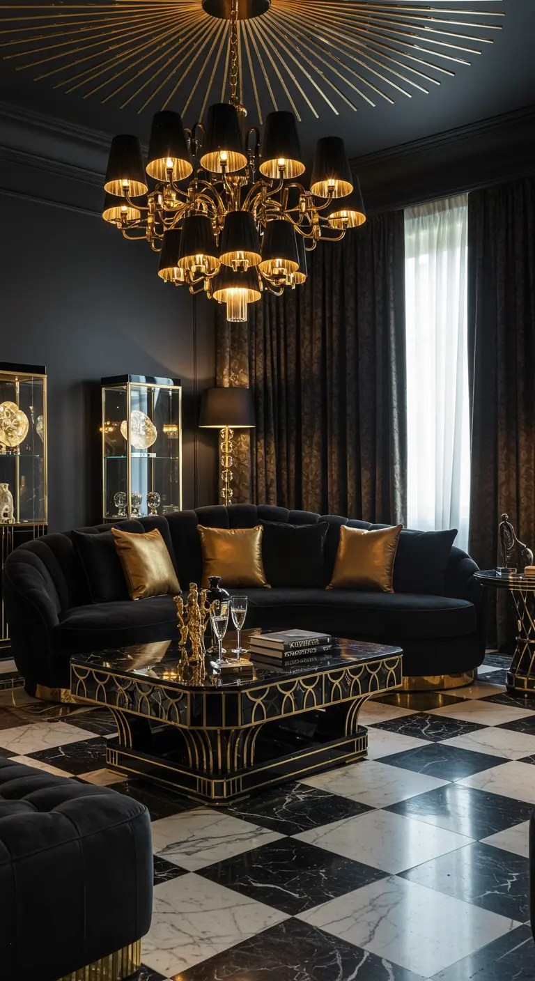 Weelderige Art Deco woonkamer met zwart-wit geblokte vloer, zwarte bank en gouden accenten.