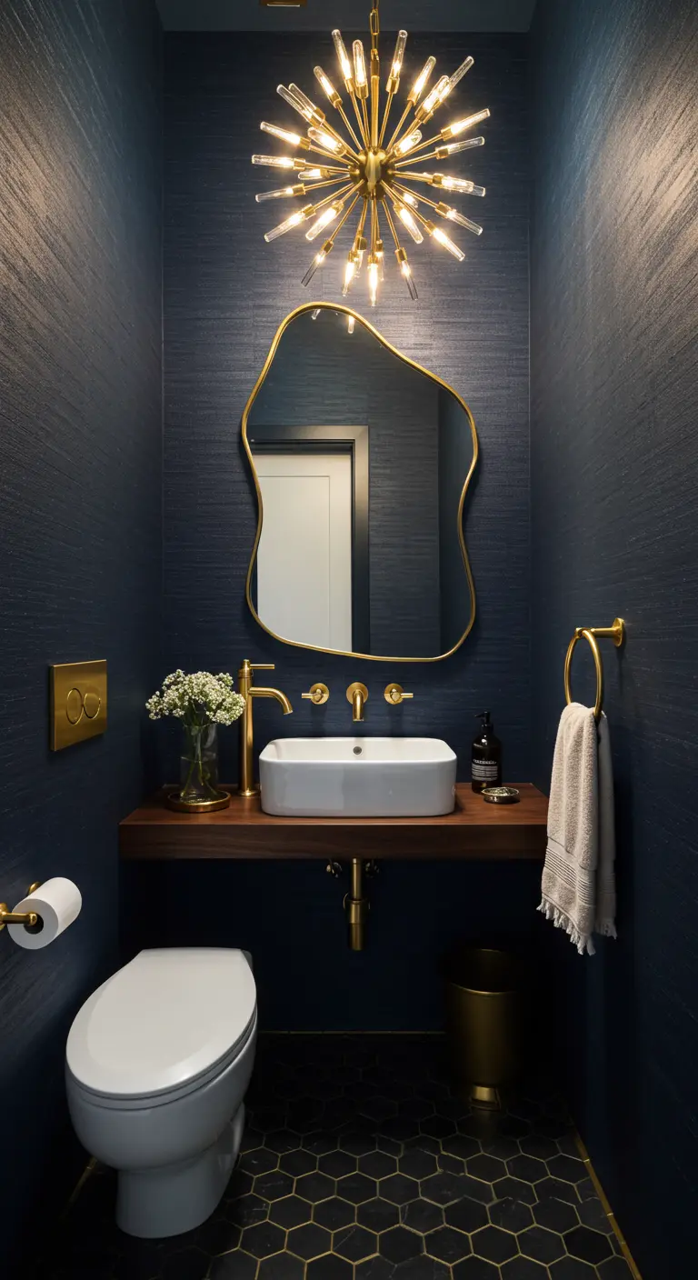 Donkerblauwe poederkamer met gouden Art Deco lamp, organische spiegel en gouden kranen.