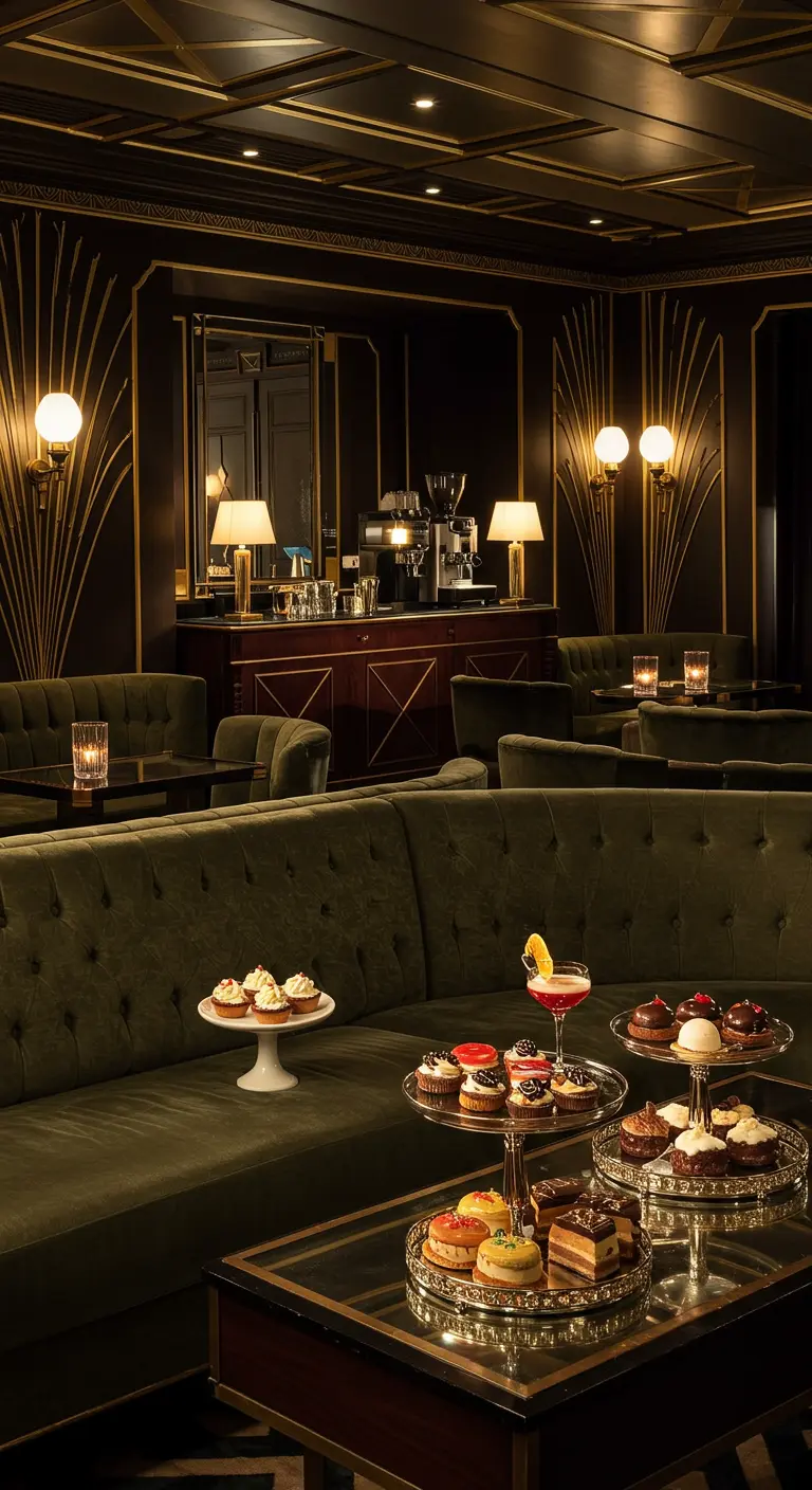 Luxueuze lounge met groene velvet banken en art deco details, gebakjes op tafel.