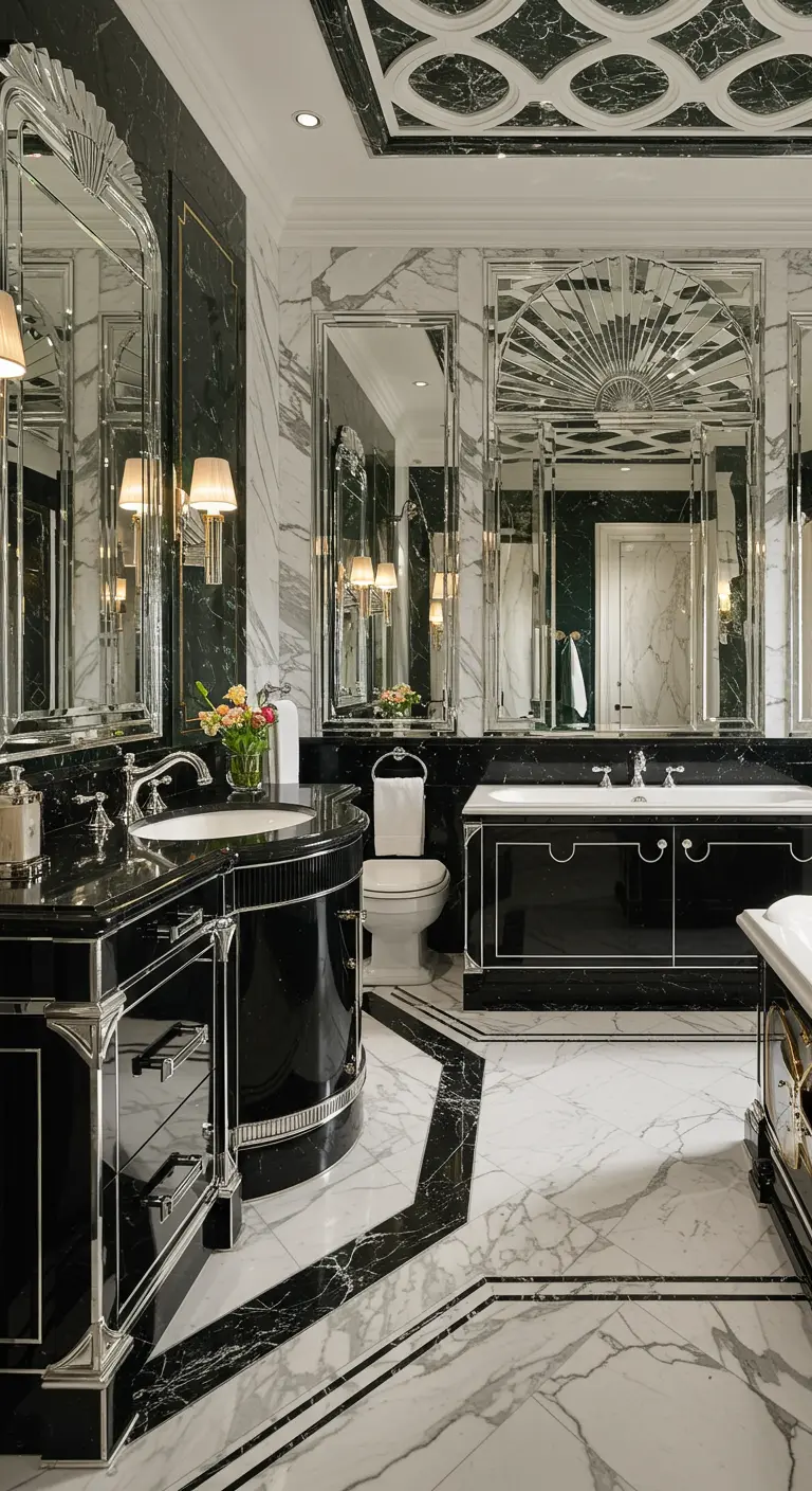 Art Deco badkamer met veel spiegels, zwart-wit marmer en geometrische patronen.