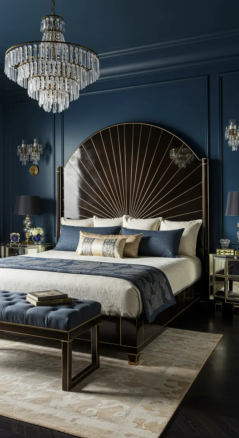 Art Deco slaapkamer met donkerblauw waaiervormig hoofdbord met gouden accenten, kroonluchter.