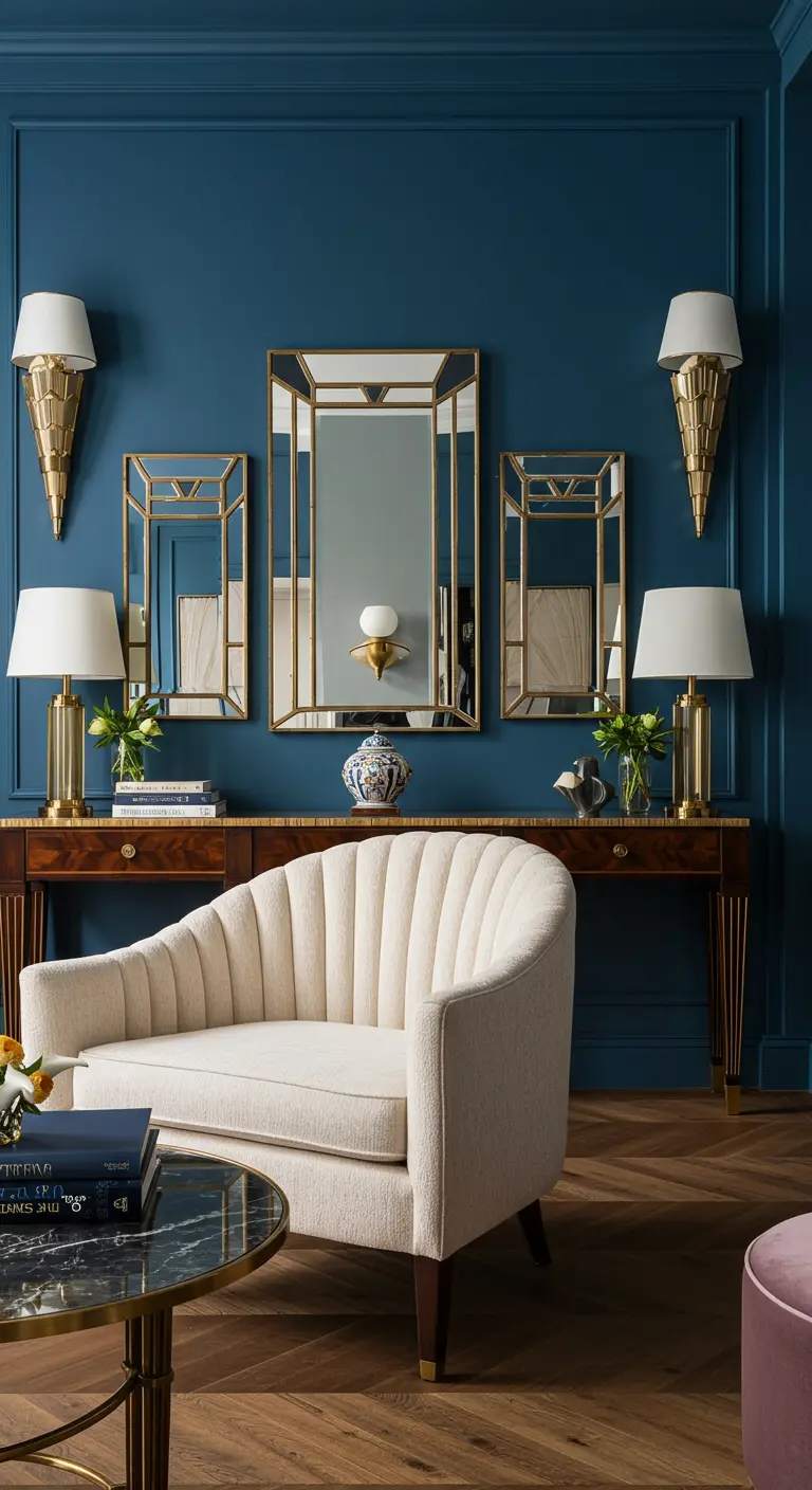 Drie art-deco stijl spiegels met gouden details boven een console tafel in een diepblauwe kamer.