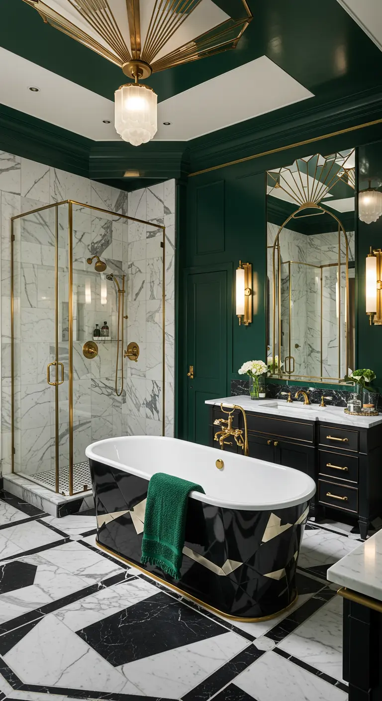 Art Deco badkamer met diepgroene muren, goudkleurige accenten, grafisch bad en marmeren vloer.