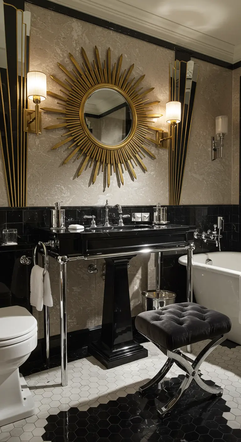Gouden zonnespiegel in art-deco badkamer met zwarte wastafel.