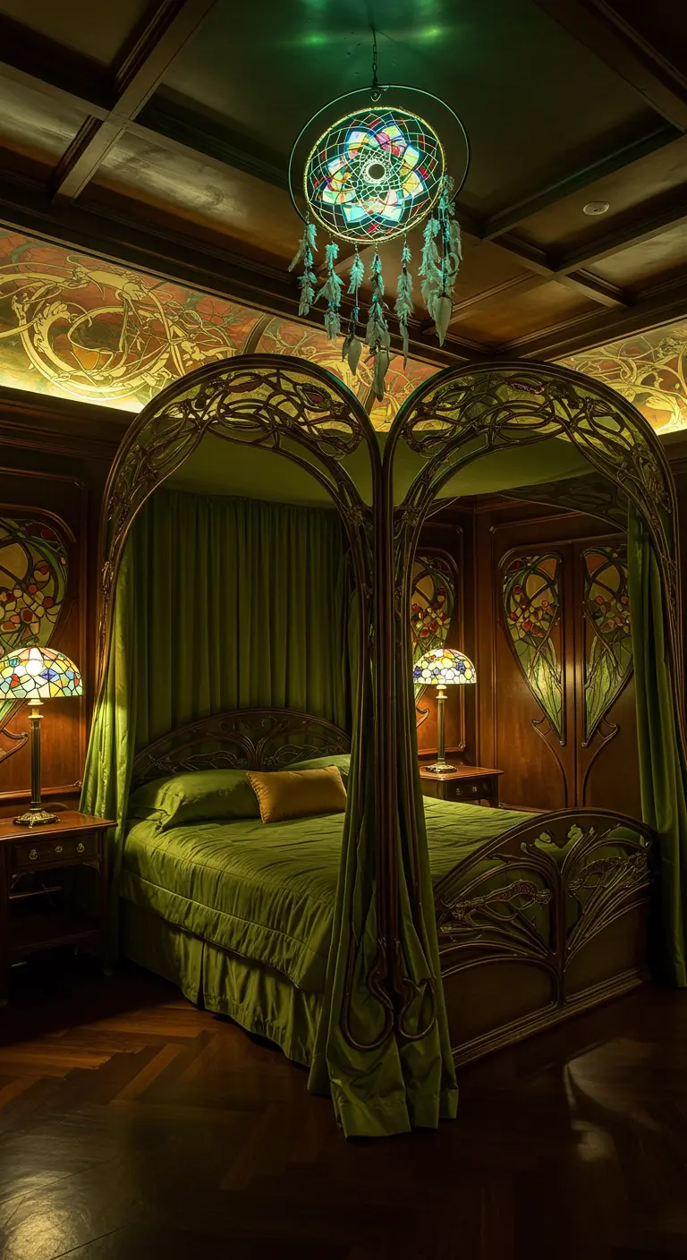Art Nouveau slaapkamer met groen fluwelen hemelbed, gebrandschilderd glas en art deco dromenvanger.