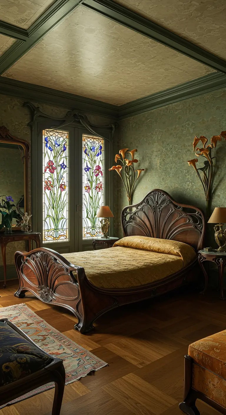 Art Nouveau slaapkamer met donkerhouten bed, glas-in-lood ramen en organische vormen.