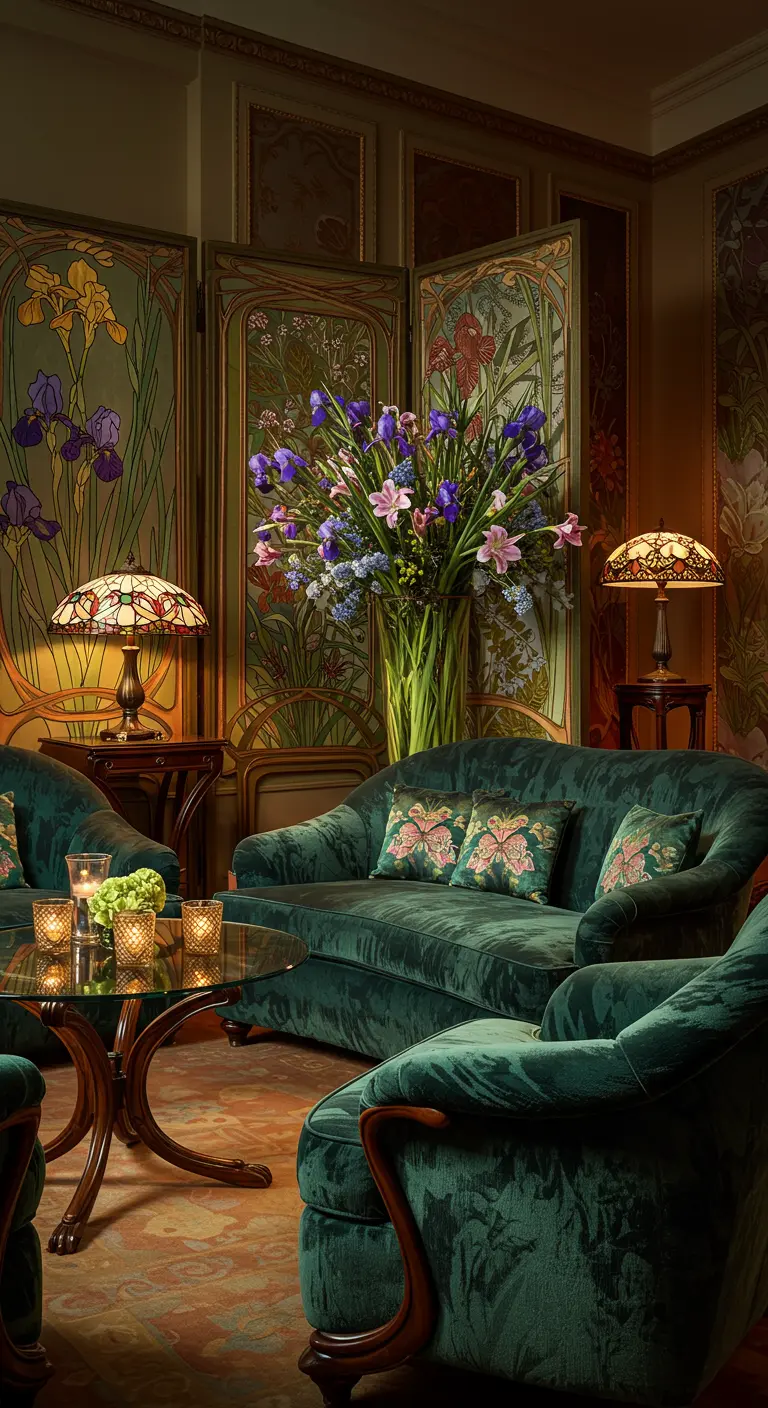 Luxe salon in Art Nouveau stijl met groene velvet banken en botanische kussens.