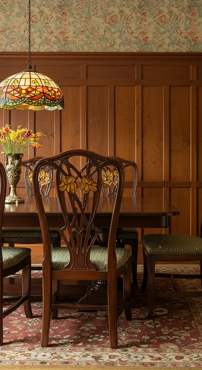 Art Nouveau eetkamer met houten stoelen, gebloemd behang en een glas-in-lood hanglamp.