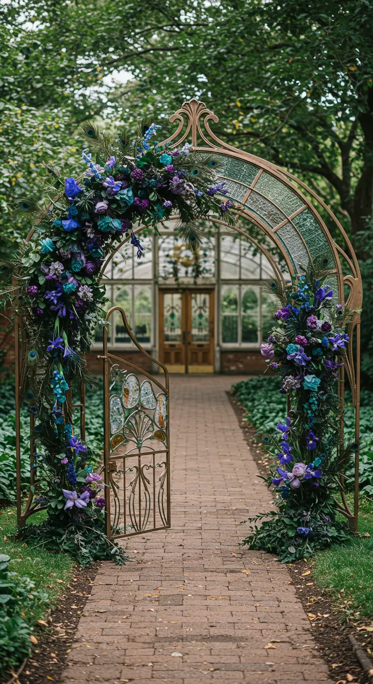 Art Nouveau metalen boog versierd met juweelkleurige bloemen en pauwenveren.