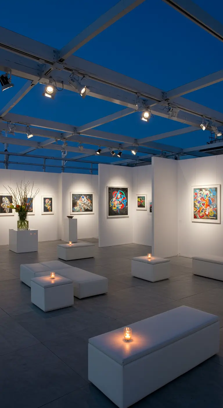 Dakterras als kunstgalerie met witte wanden en spotlights op kunstwerken.