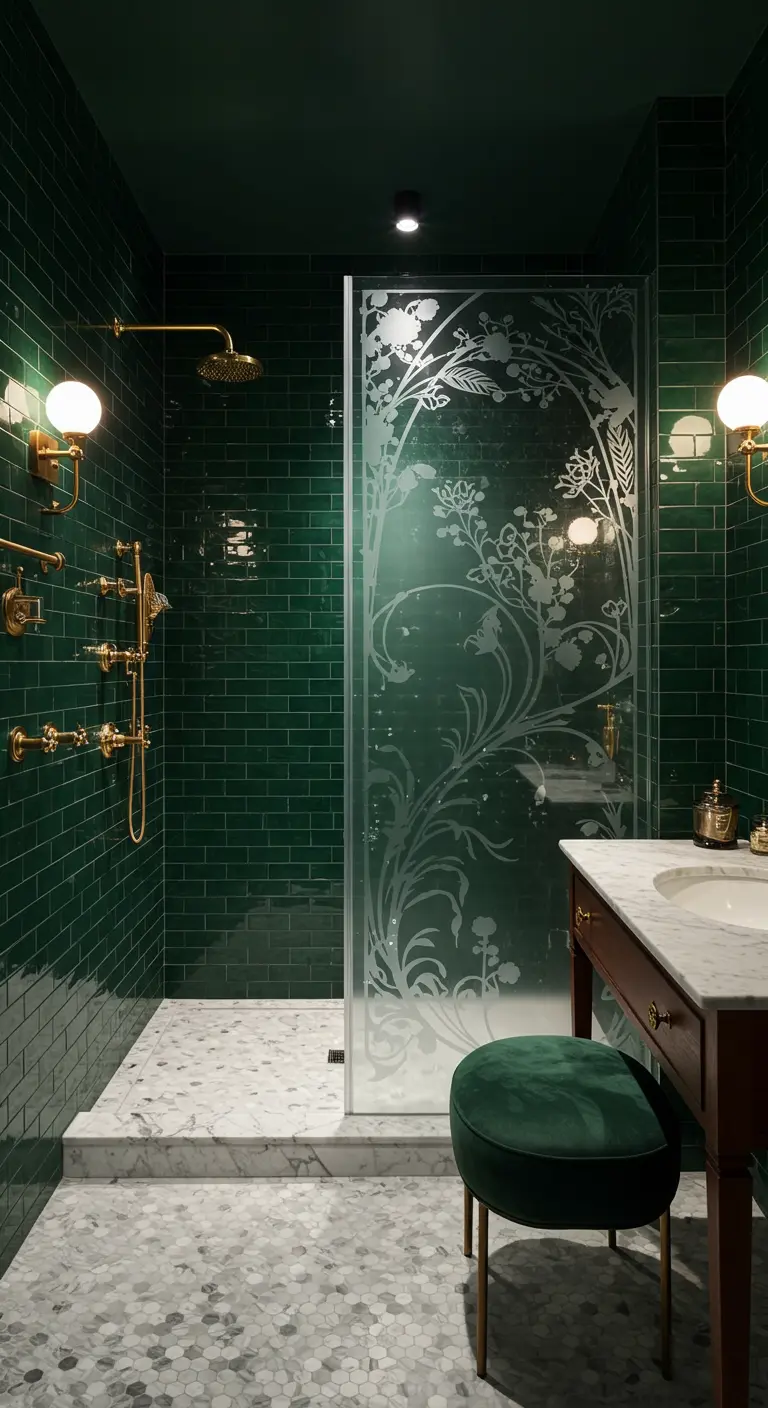 Donkergroene badkamer met geëtst glas met bloemmotief en gouden kranen.