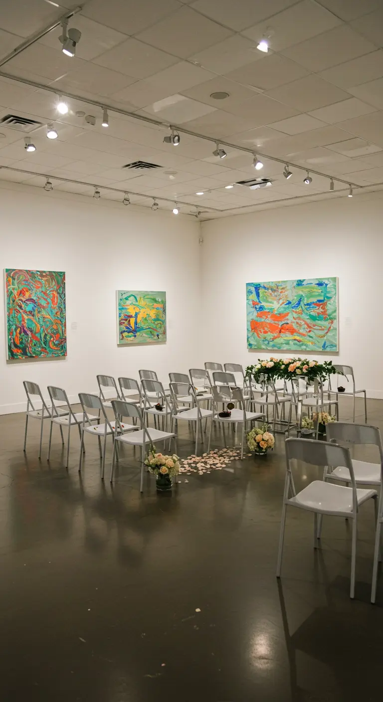 Trouwceremonie opstelling in een moderne kunstgalerie met schilderijen.
