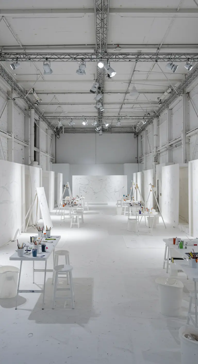 Grote, witte atelierruimte met industriële spots en schildersezels.