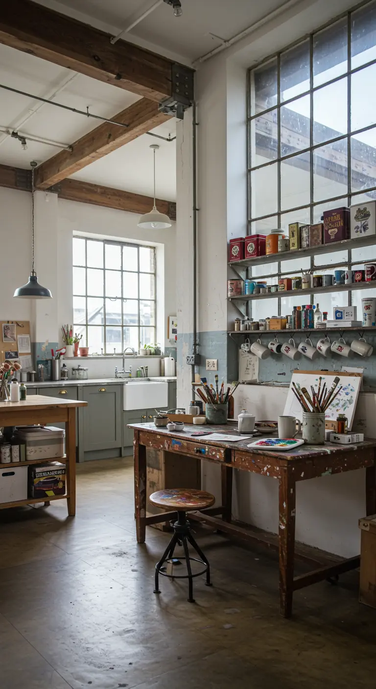Theehoekje in een industrieel atelier met grote werktafel en metalen planken.