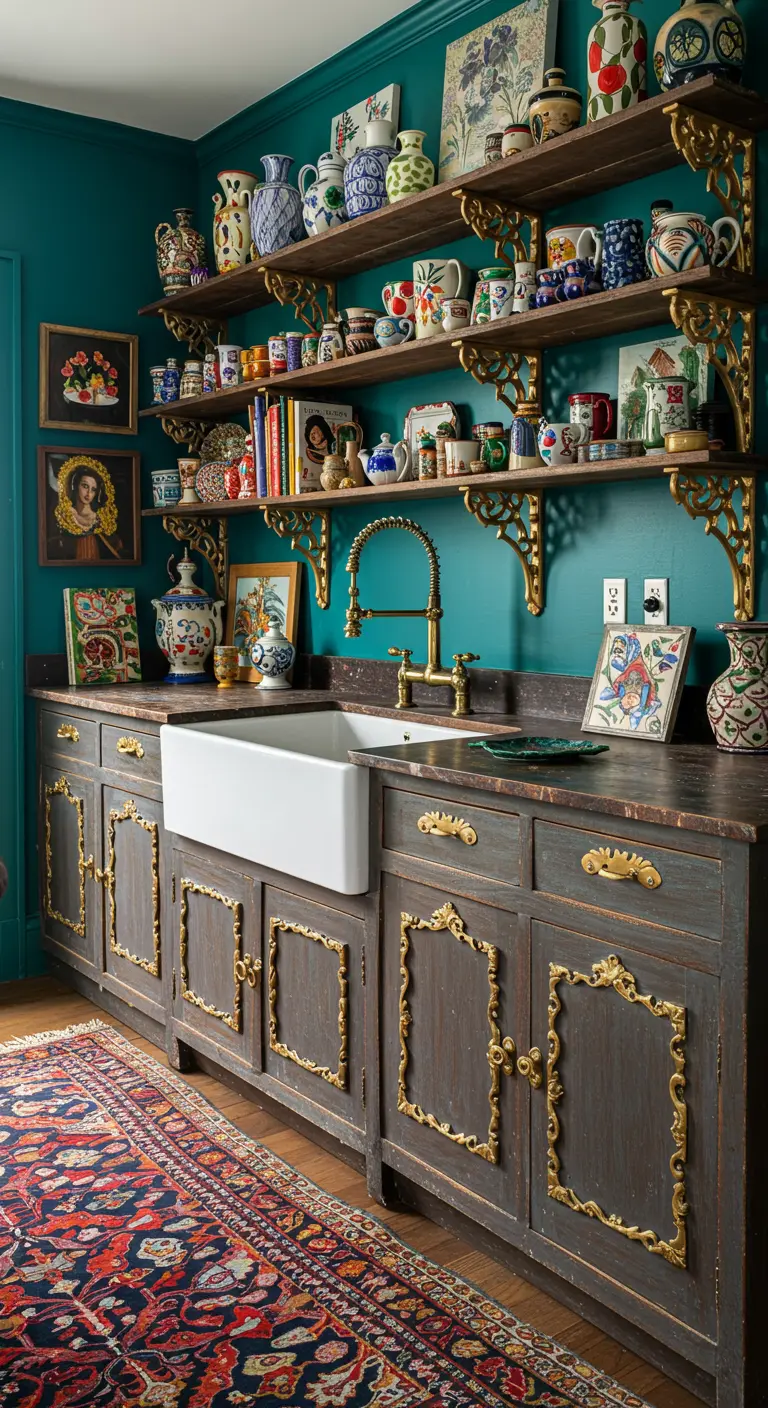 Diepblauwe keuken met donkere kasten, gouden plankenbeugels, gouden kraan en veel decoratie.