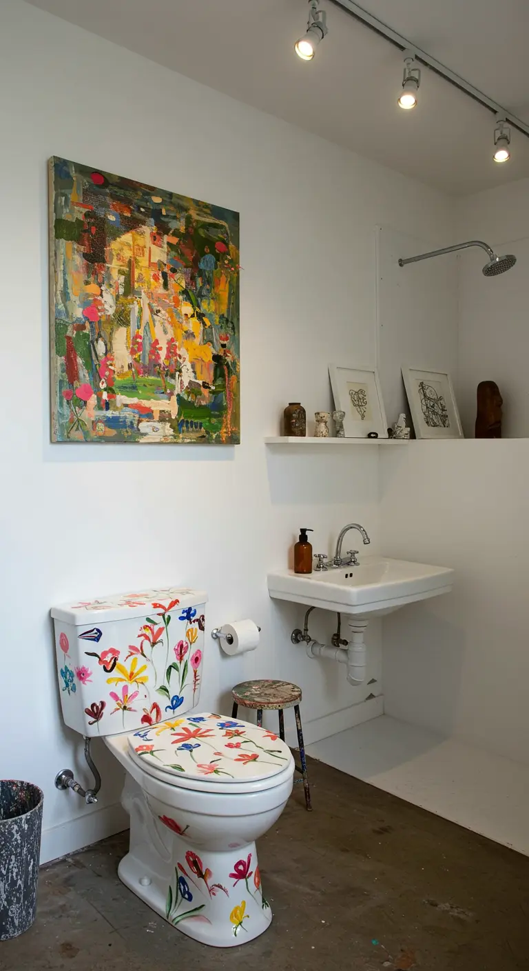 Wit toilet handgeschilderd met kleurrijke bloemen in een minimalistische ruimte.