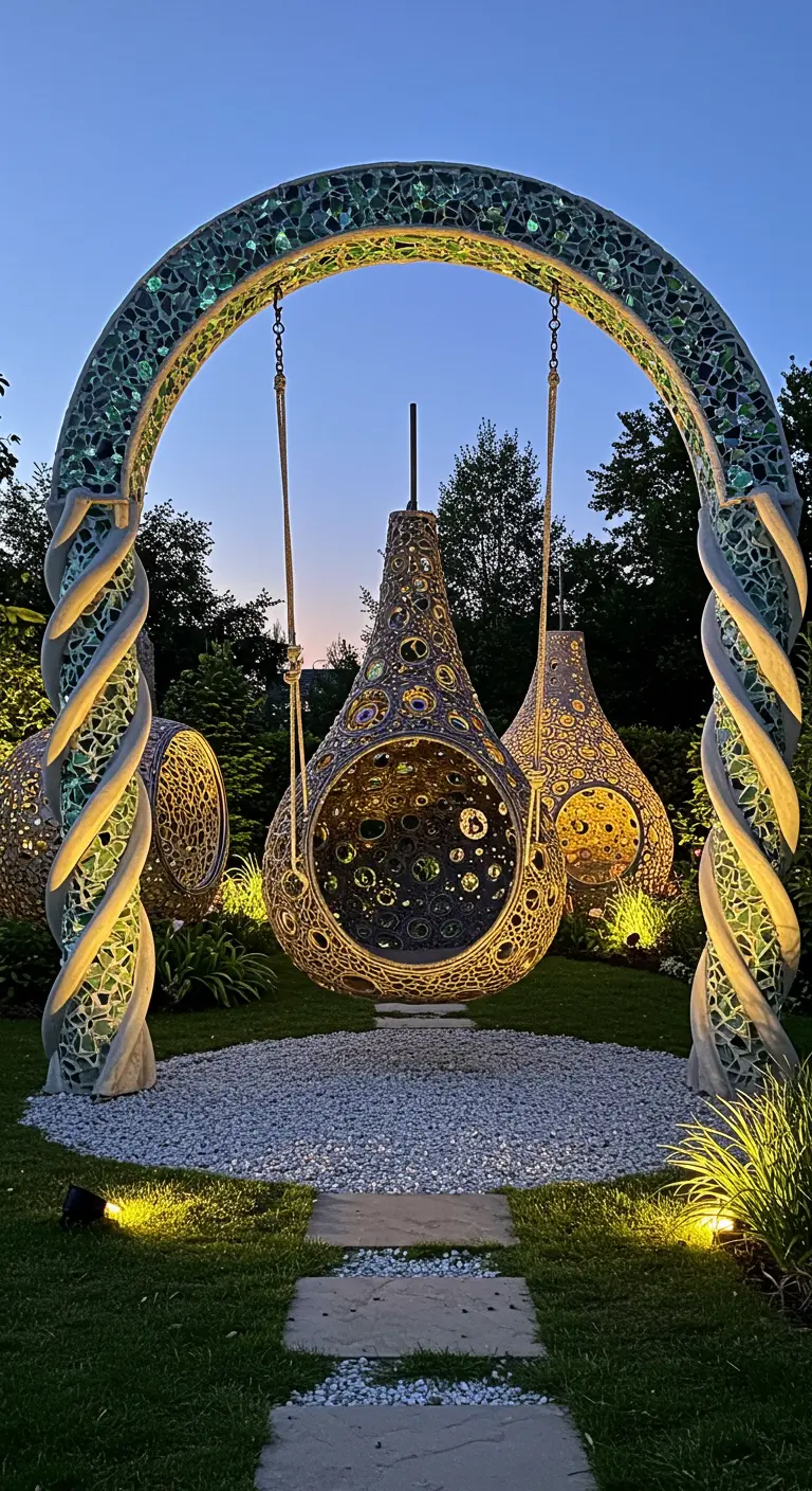 Sculpturale hangstoelen onder een met lichtgevend mozaïek beklede boog in een tuin.