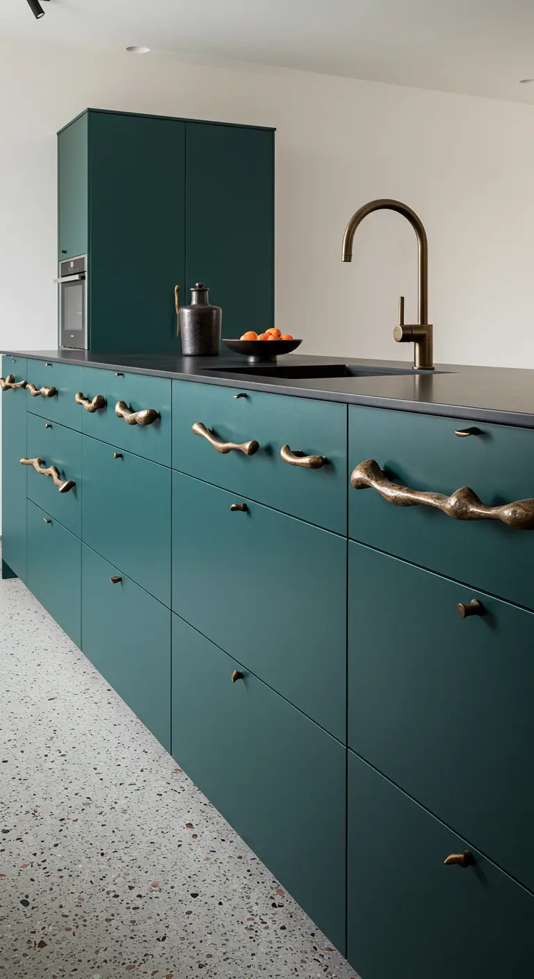 Diepgroene keuken met unieke, organisch gevormde messingkleurige tak-grepen.