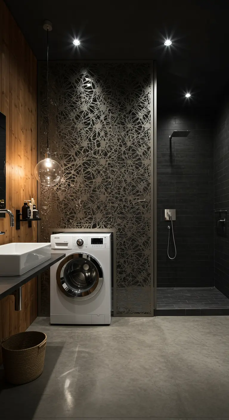 Wasmachine afgeschermd door een decoratieve metalen scheidingswand in een donkere badkamer.